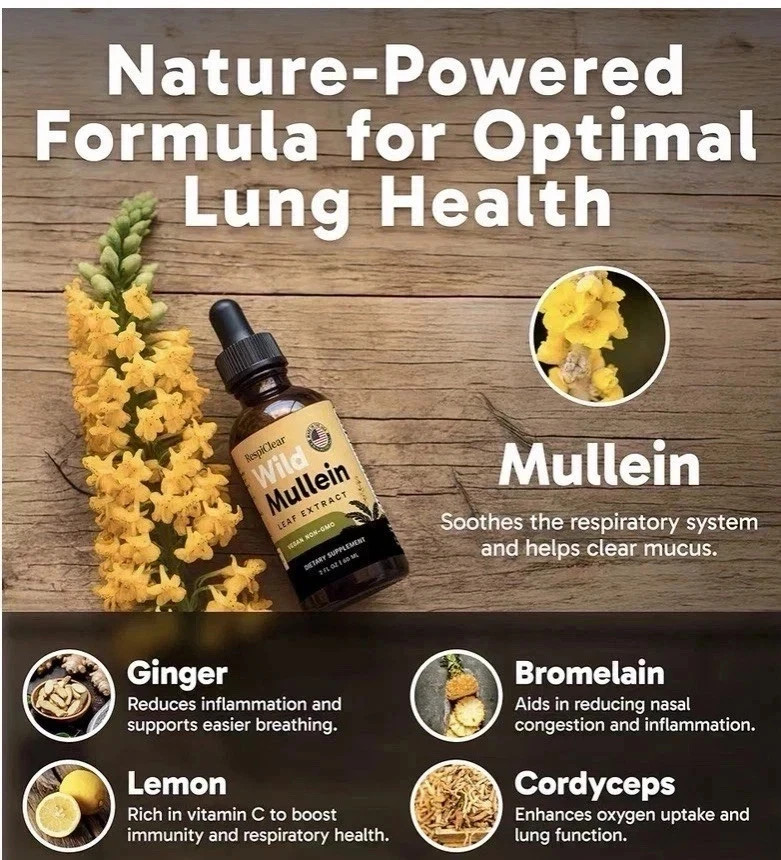 2 Pack RespiClear Wild Mullein Leaf Extract Liquid Drops Vegan Non-GMO Lemon