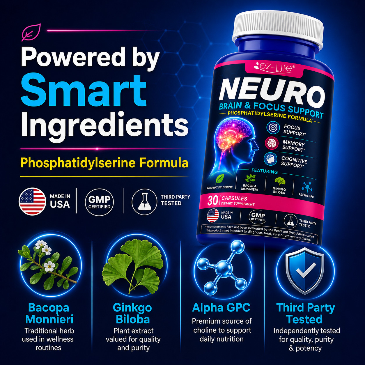 Nootropic Brain Health Supplement For Memory, Concentration, and Focus 60 Caps