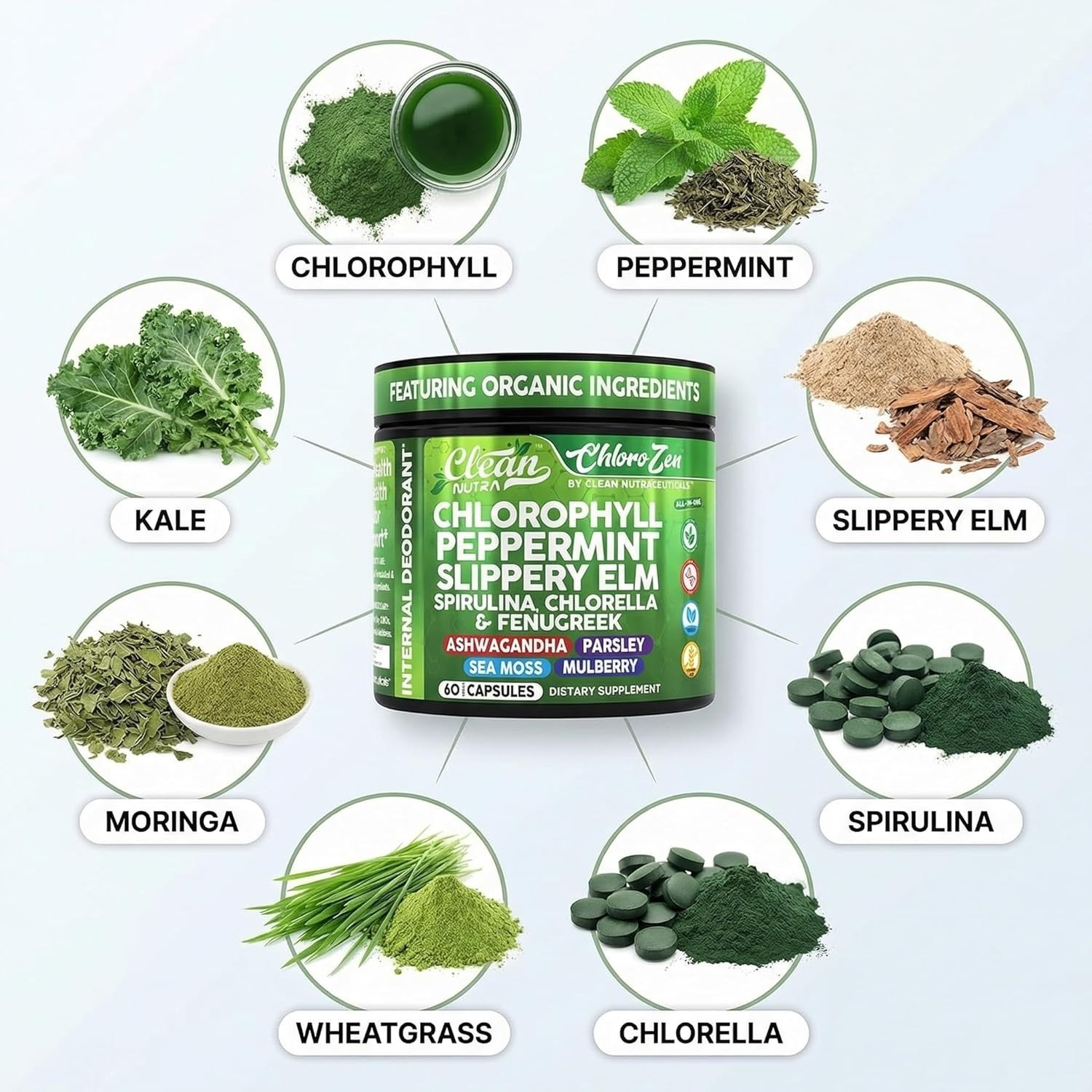 Clean Nutra Chlorophyll Capsules + Peppermint Slippery Elm Spirulina exp. 3/2028