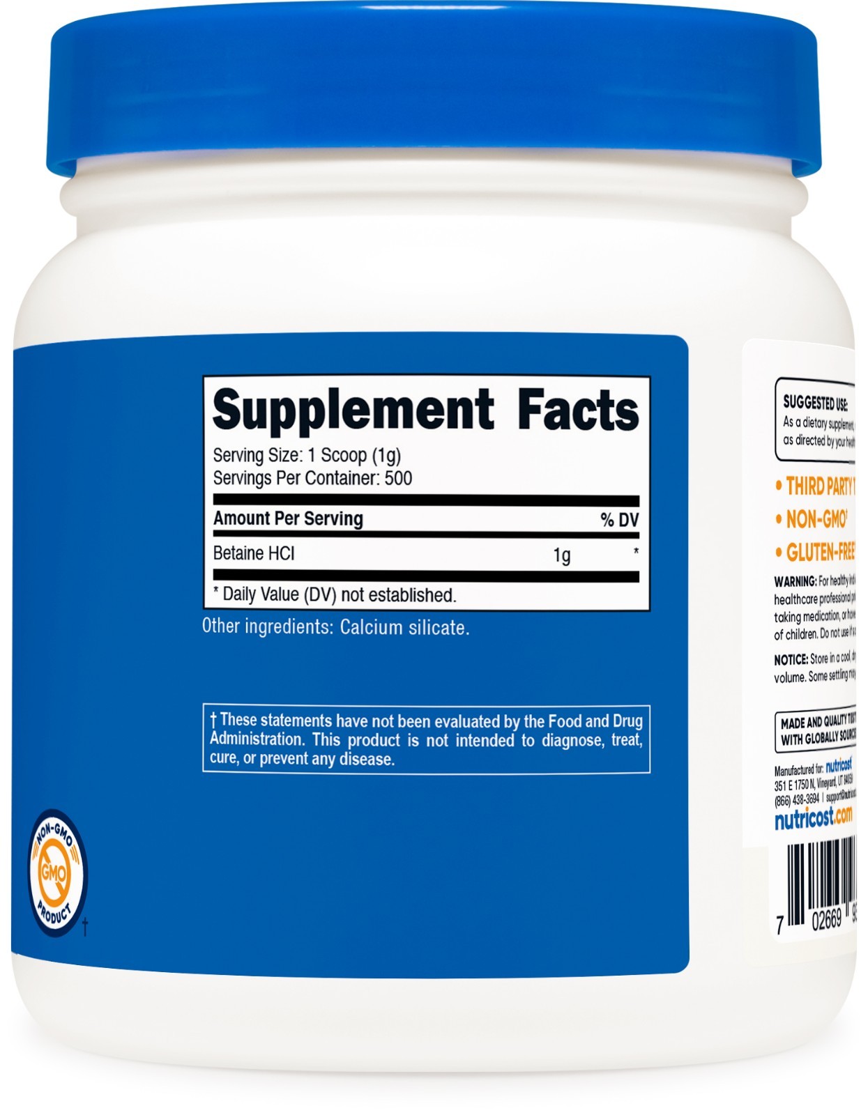 Nutricost Betaine HCl Powder 500 Grams – Gluten Free & Non-GMO