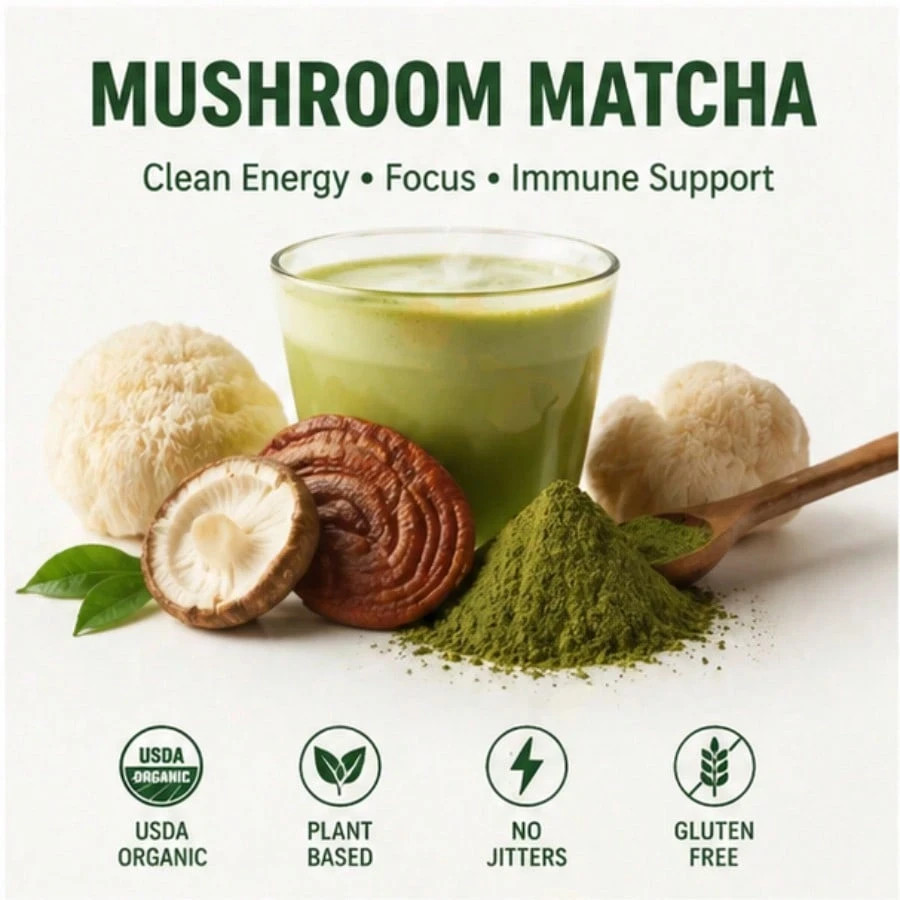 Organic Ryze Mushroom Matcha Powder 6 Mushroom Blend Focus Immunity 30 Servings
