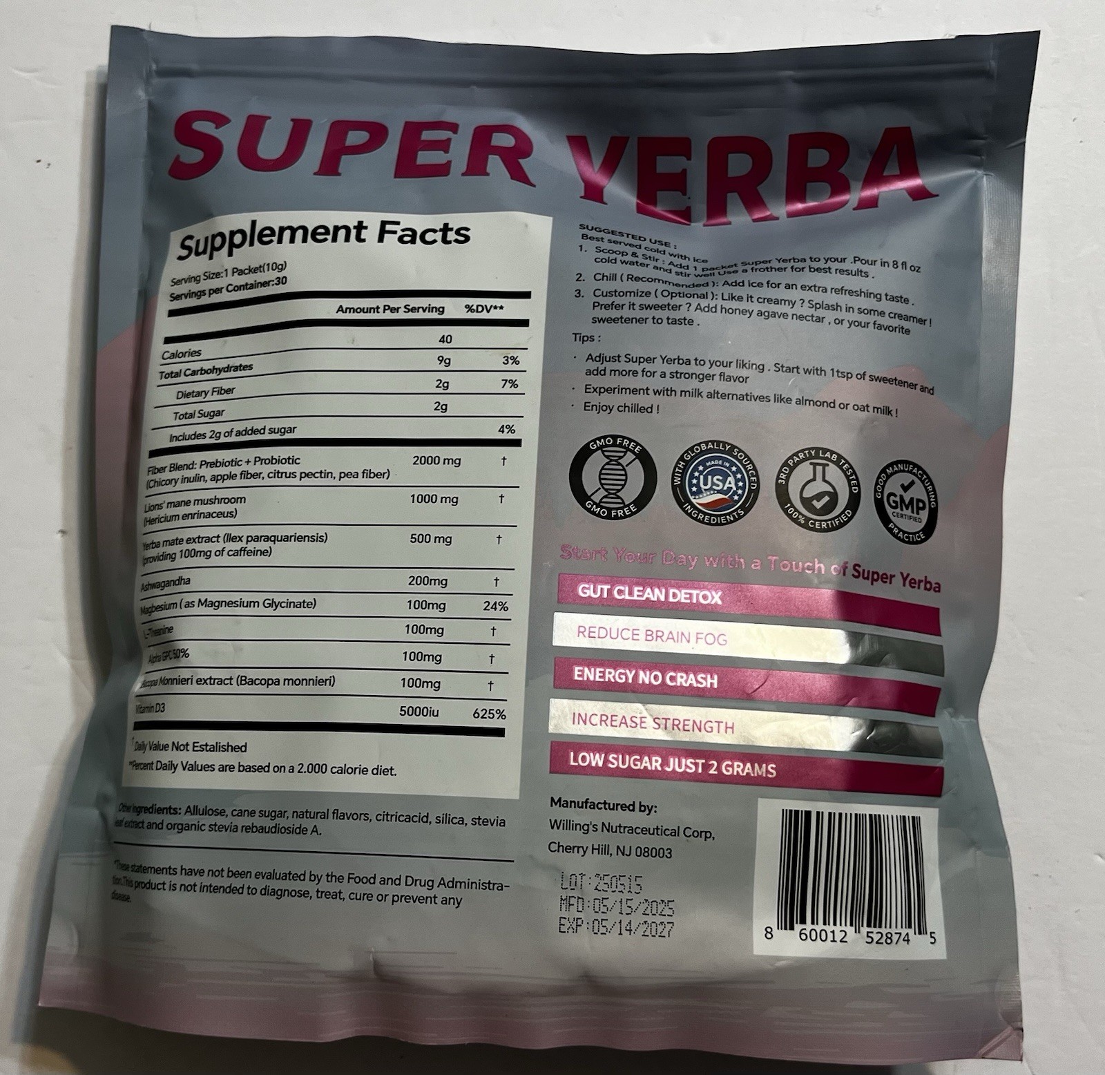 Zoone Super Yerba Raspberry Lemonade Drink Powder Packets Open Packing 23