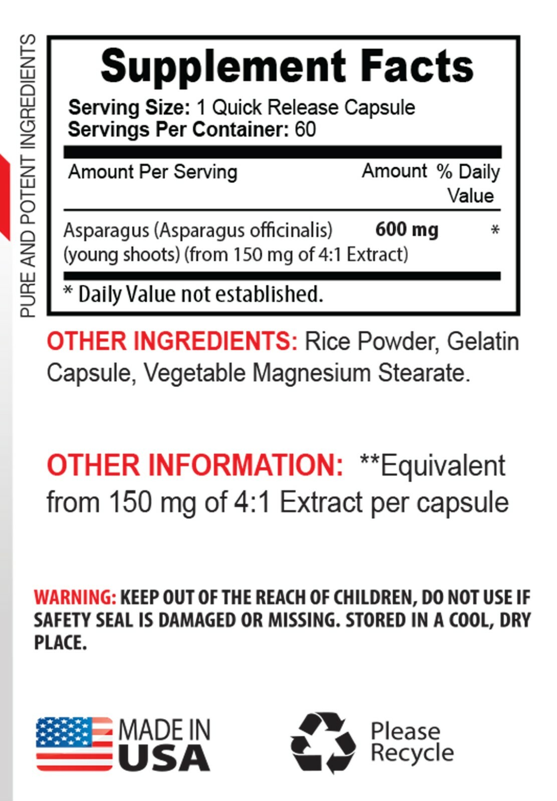 asparagus capsules – Asparagus Extract 600mg – blood pressure support 1 Bottle