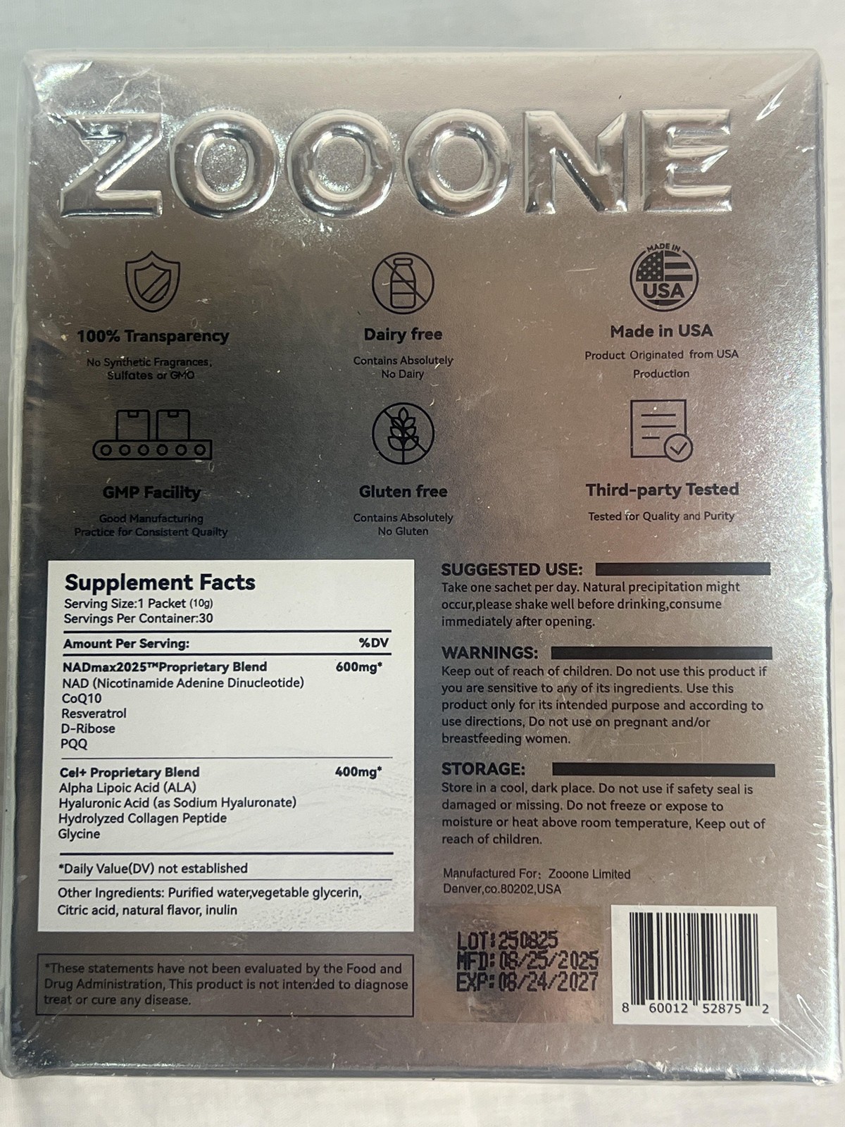ZOOONE NAD+ Cel+Blend 1000mg 30 Liquid Packets Resveratrol New Sealed Supplement