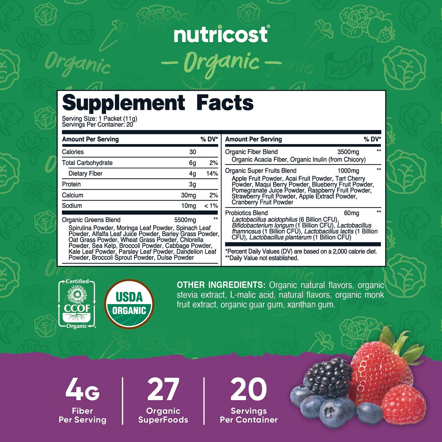Nutricost Organic Super Greens (Mixed Berry Flavored) 20 Stickpacks