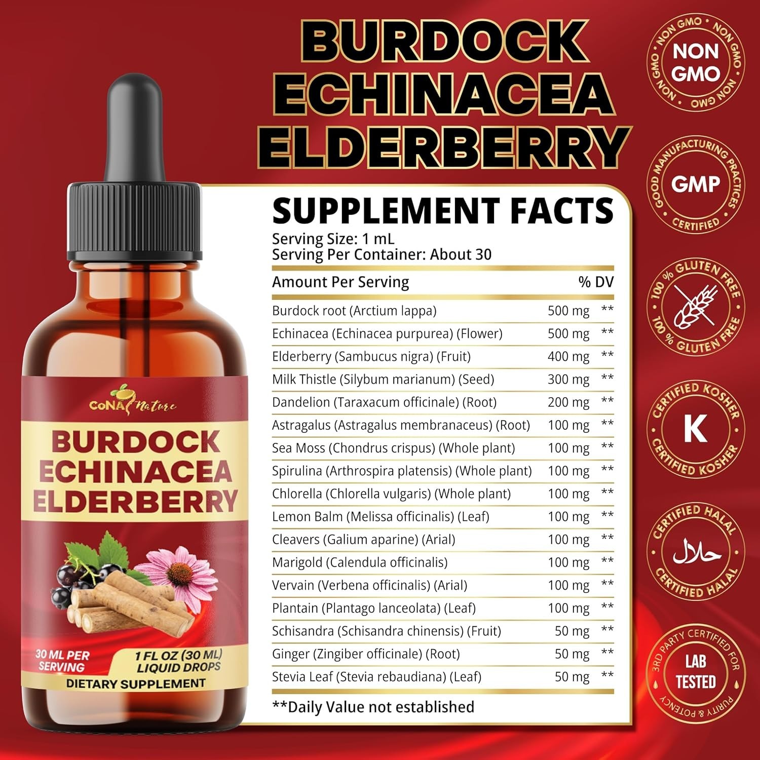 Cona Nature 17-in-1 Burdock Root Liquid Drops w/ Elderberry, Immune Support