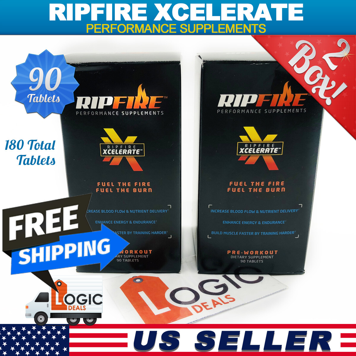 2 ~ RipFire Xcelerate Pre-Workout Dietary Supplement 90×2 Tablets Energy Muscle