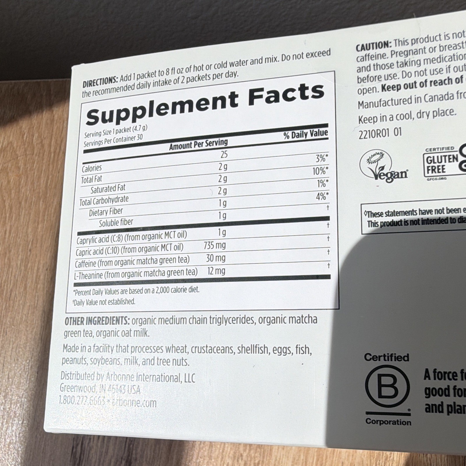 Arbonne Morning Matcha Green Tea + MCT Vegan Gluten Free Non-GMO 30 Packets