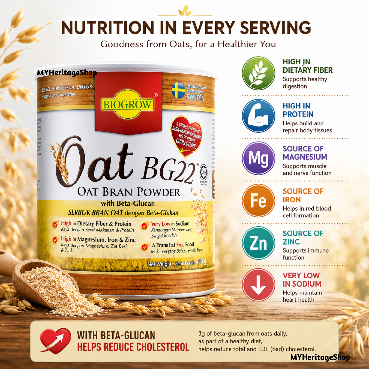3X Biogrow Oat BG22 Oat Bran Powder Beta Glucan Fiber Protein 480g Pack