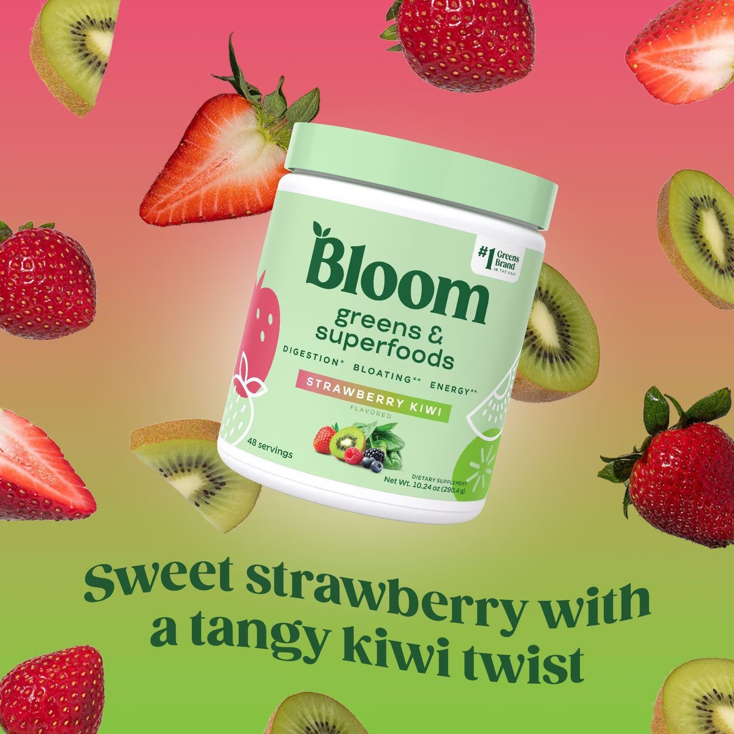 Bloom Greens & Superfoods Powder Strawberry Kiwi 48 Servings DairyFree Exp 09/26