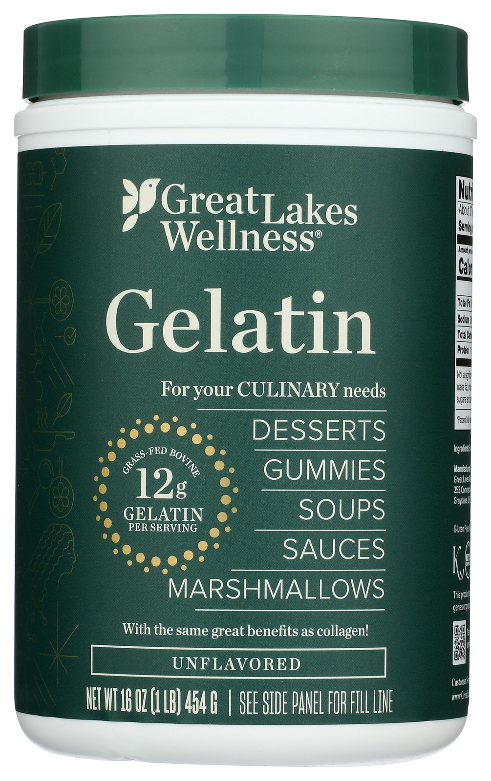 Great Lakes Wellness Culinary Beef Gelatin 16 Oz Unflavored Gummies 12G 1 Pack