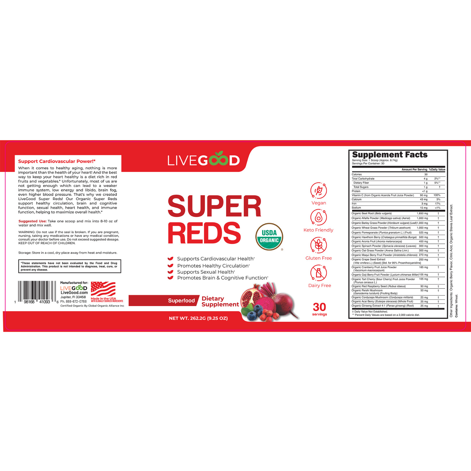 LiveGood Organic Super Reds Powder Nitric Oxide Heart Health Energy 30 Servings