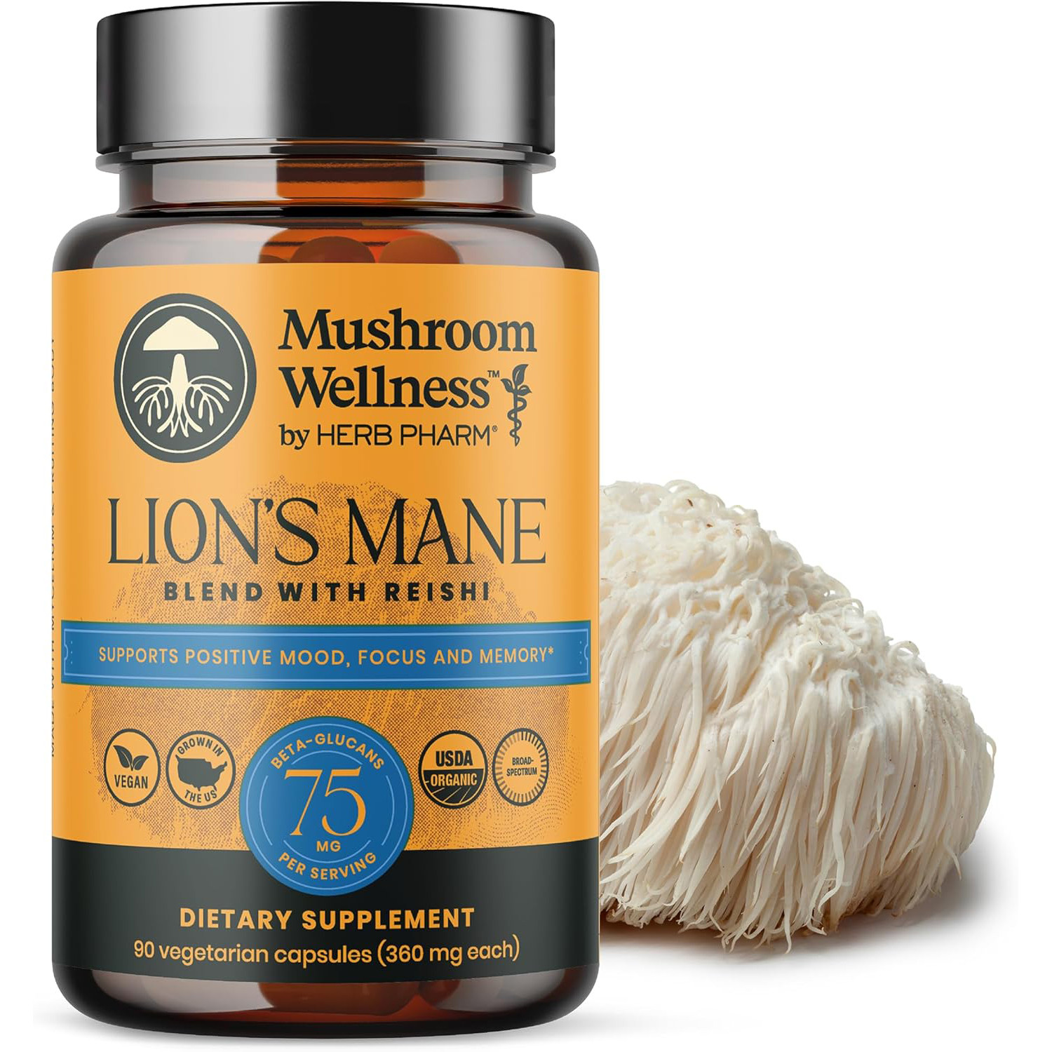 Herb Pharm,Mushroom Wellness Organic Lions Mane Blend w/Reishi,90Veg Caps