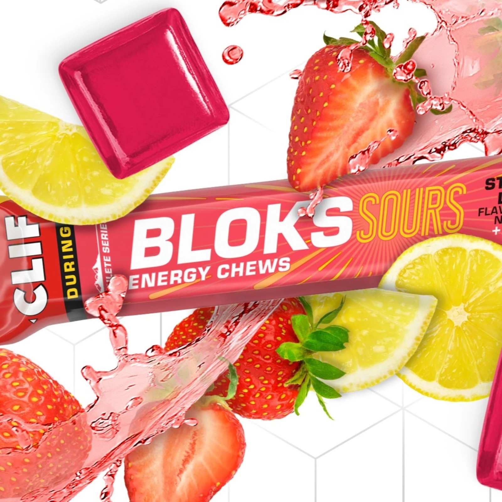 New CLIF Bloks Energy Chews Sour Strawberry Lemonade 25mg Caffein 18 Bars x 60g