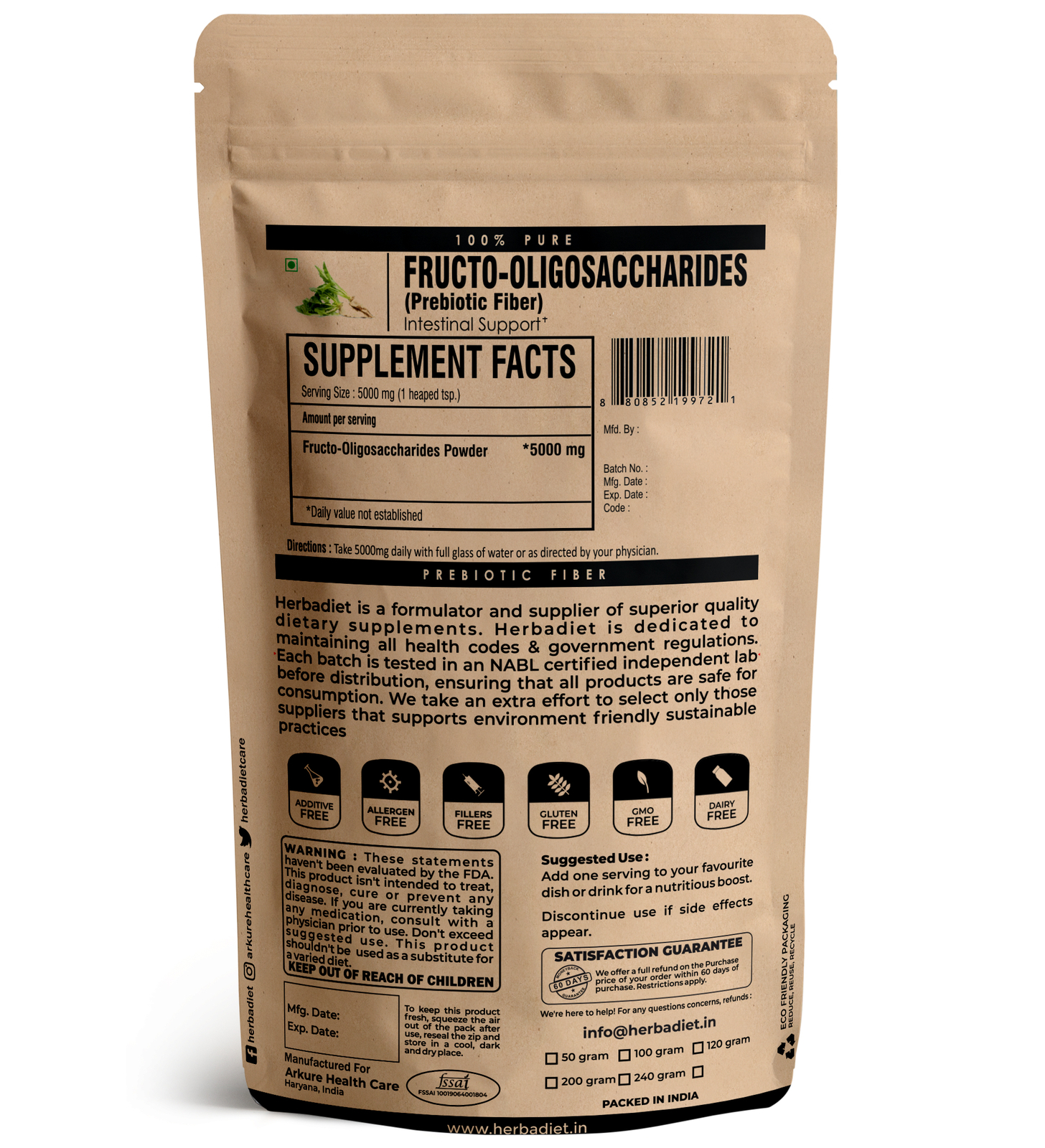 Inulin Powder Prebiotic Fiber Natural Fructo-Oligosaccharide (FOS) Chicory Roots