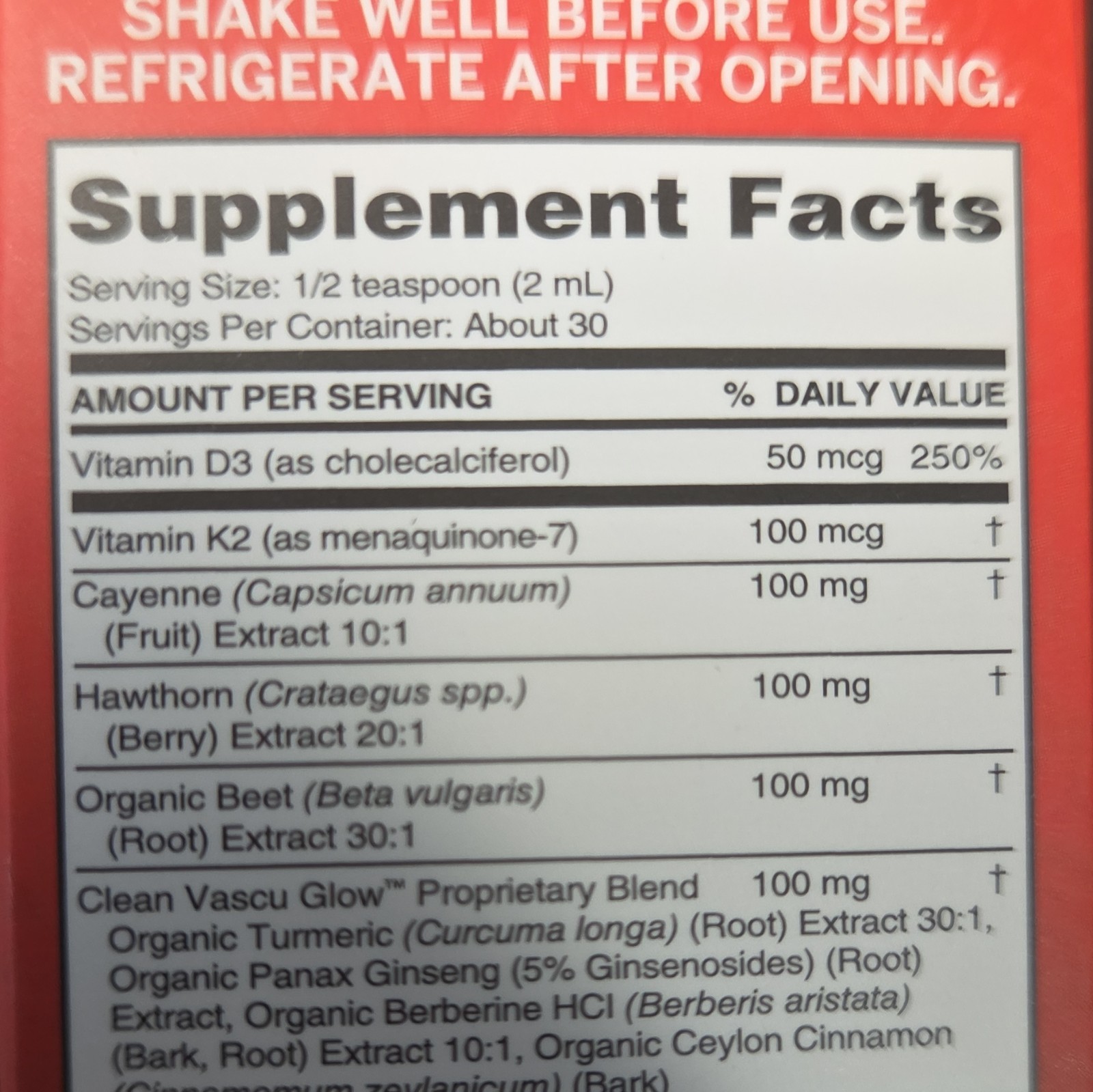 Clean Nutra Vascu Glow Circulation Drops D3 K2 Cayenne Berry Cinnamon 2 fl oz