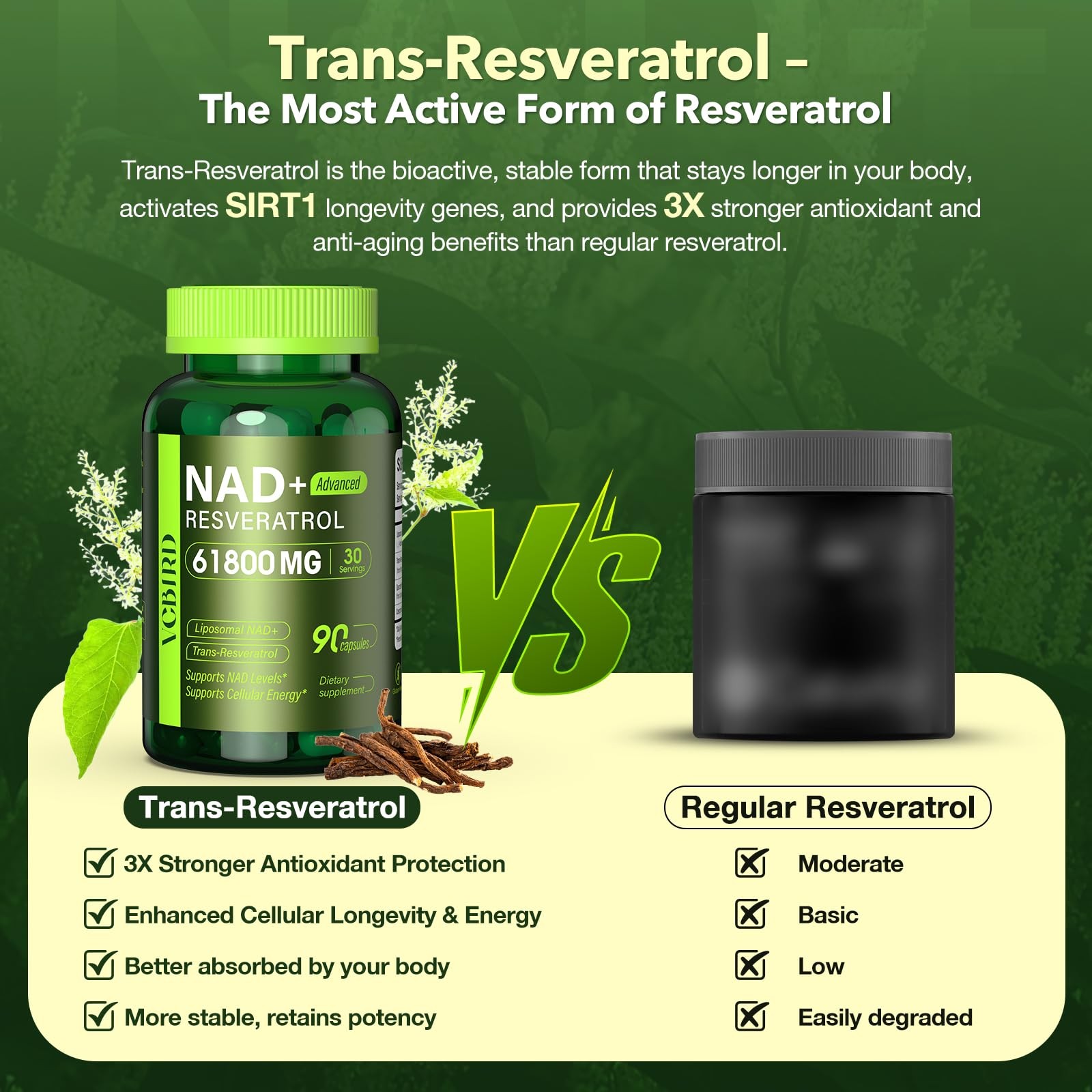 Nad Resveratrol Supplement 61800mg Per Bottle – 90 Count (Pack of 1), Green