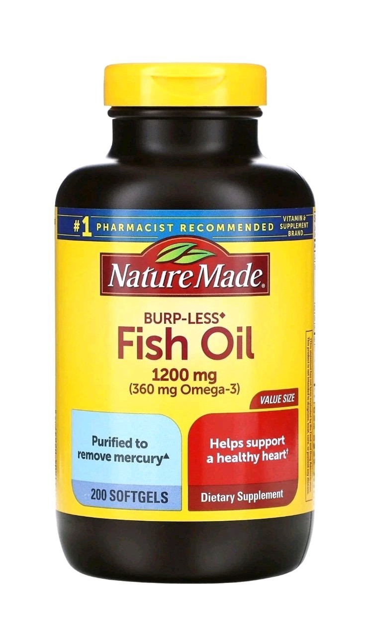 Fish Oil Nature Made Burp-Less 1200 mg 200 Liquid Softgels Gluten-Free 10/2028