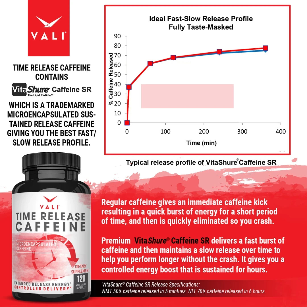 VALI Time Release Caffeine – Microencapsulated Caffeine, 120 Veg Capsules