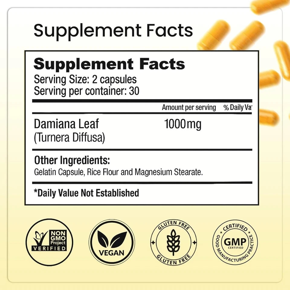 Bella All Natural Damiana Leaves Dietary Supplement,60ct Free shipping