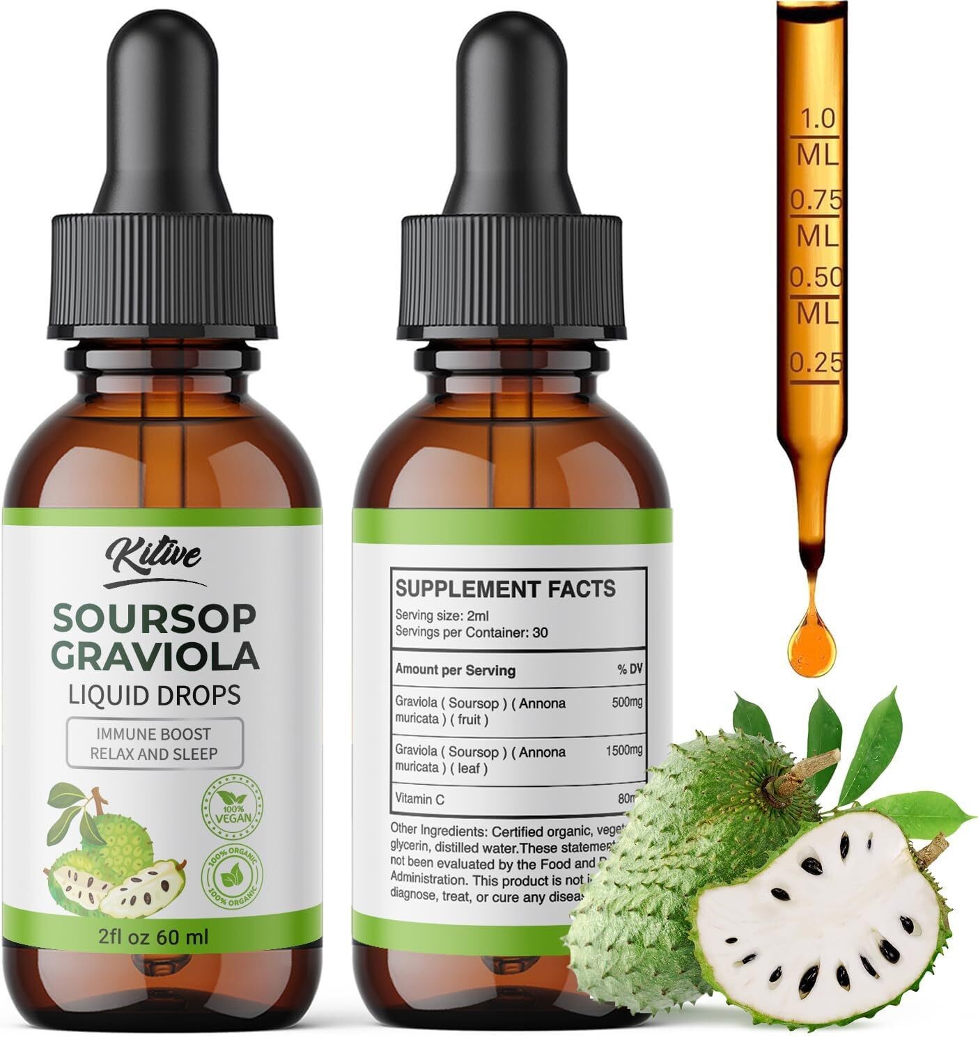 Kitive Soursop Graviola Liquid Drops Immunity Boost Relaxation & Sleep 2 fl oz