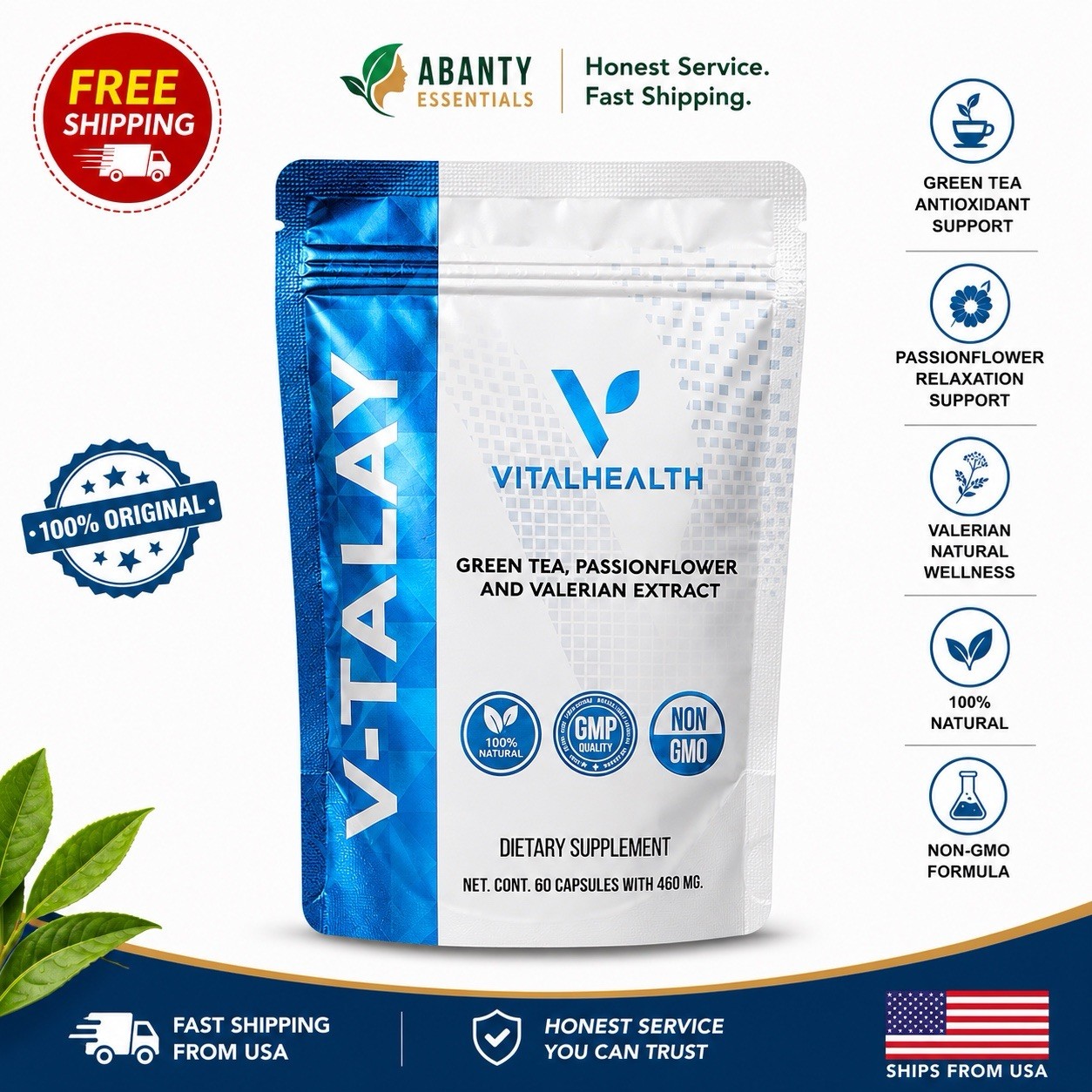 VitalHealth Vitalay Green Tea Passionflower Valerian 60 Caps Non-GMO