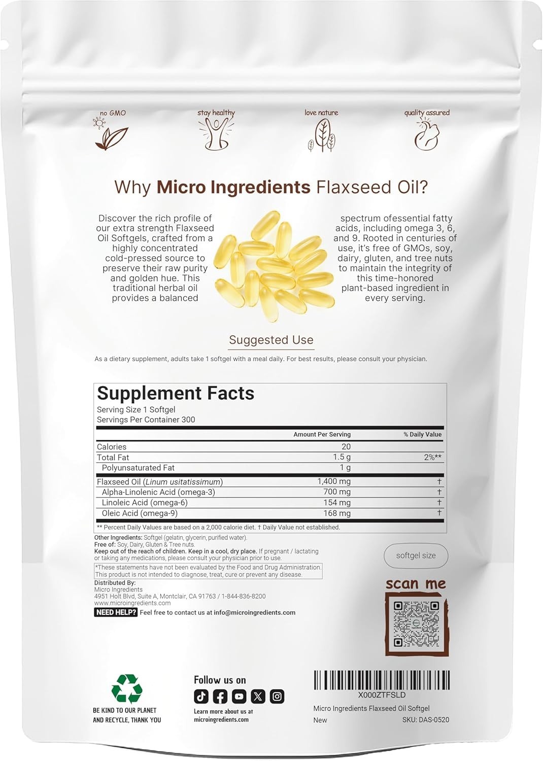 Flaxseed Oil 1,400mg, 300 Liquid Softgels | Flaxseed Oil Supplement with Omega 3