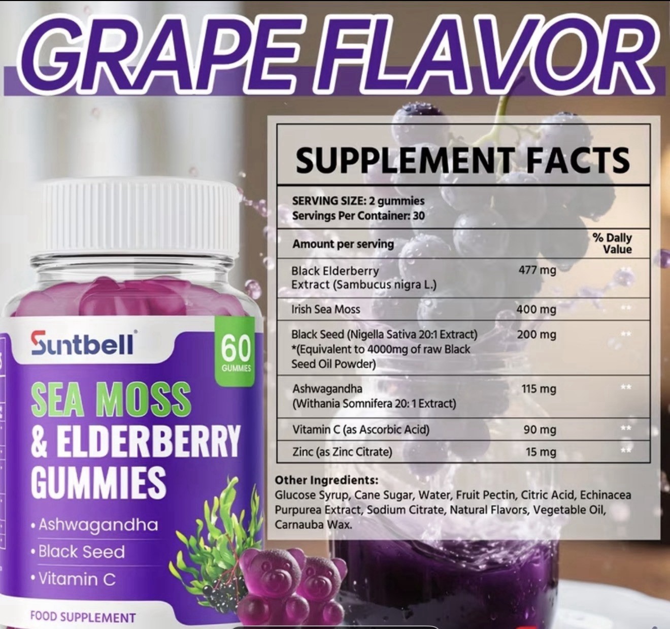 Suntbell Sea Moss & Elderberry Gummies w/ Vitamin C, Grape, 60 Ct