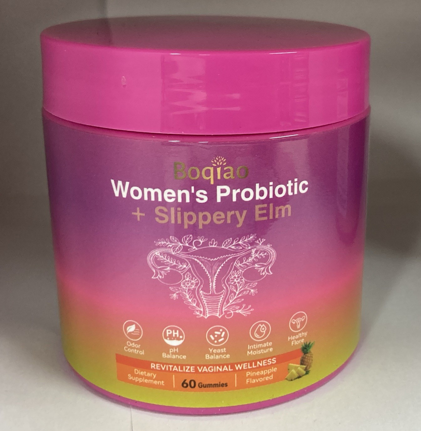 Boqiao Women’s Probiotic + Slippery Elm Digestive Support Pineapple Gummies 60