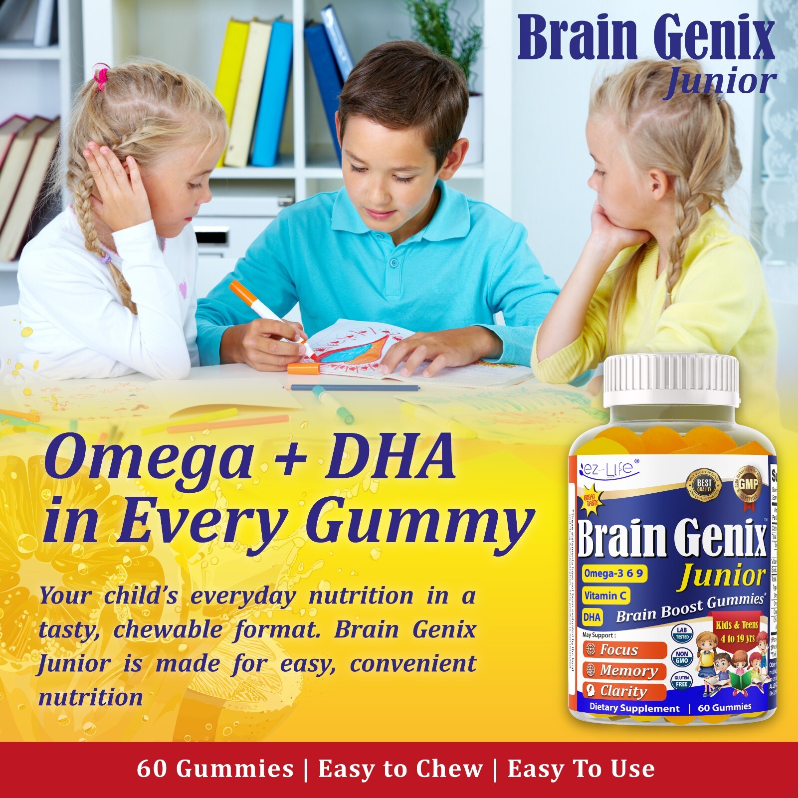 Brain Booster Focus Kids &Teens Gummies, Omega 3 DHA Memory Supplement 60Ct