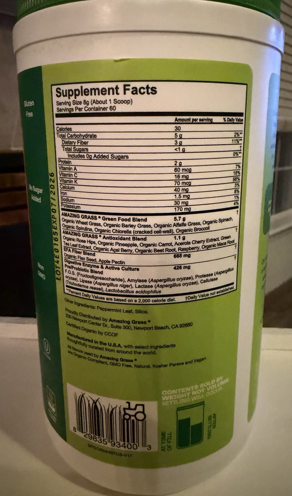 Amazing Grass Greens Blend Superfood Powder 60 Servings 480g Non-GMO Gluten-Free
