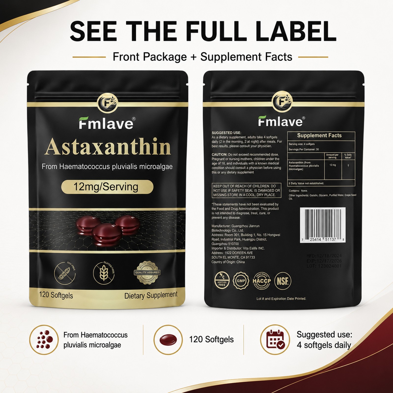 Astaxanthin 12mg 120gels Fresh Microalgae Source Antioxidant/Skin/Eye/Joint