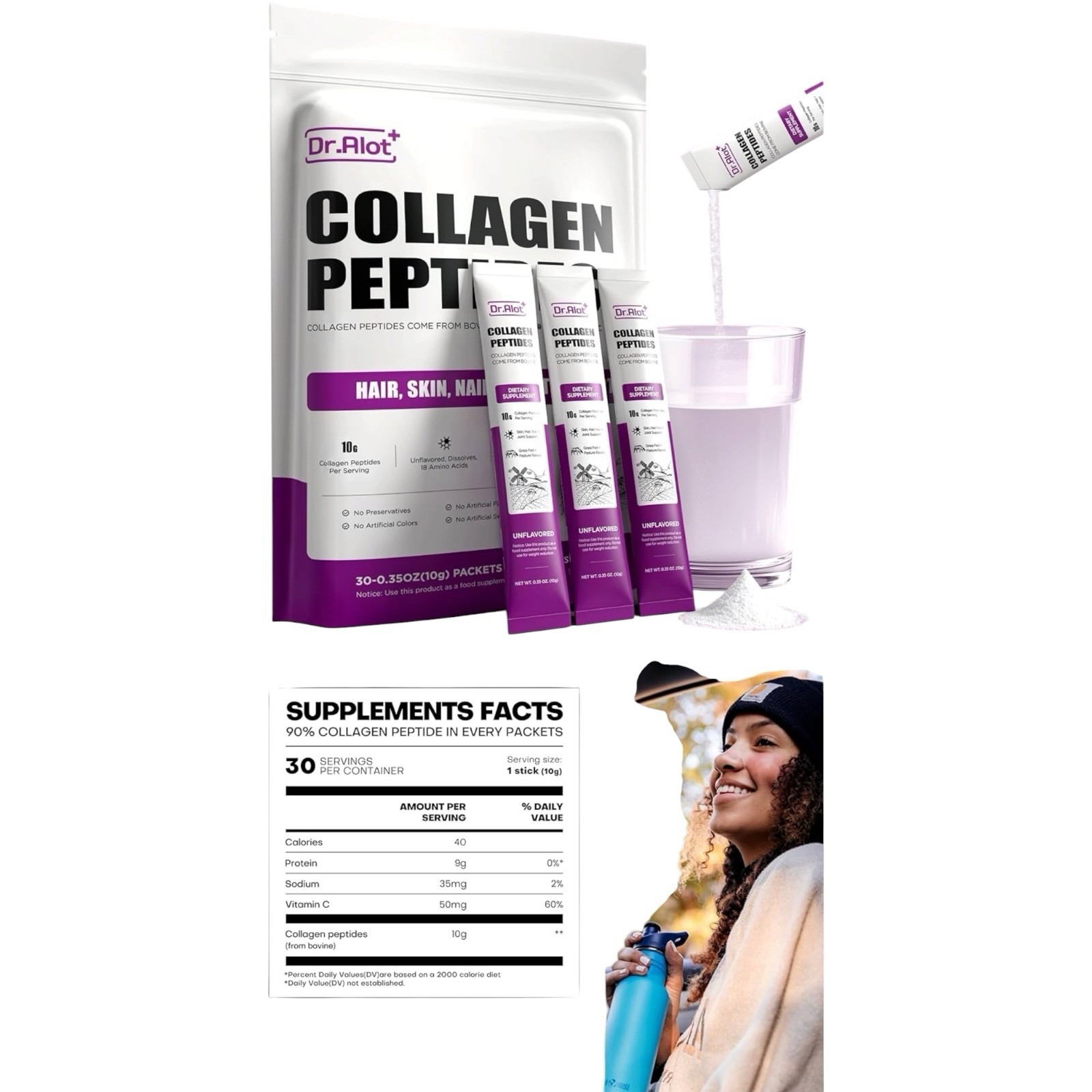NEW Lot 2 Dr. Alot Collagen Peptides Vitamin C Hair Skin Nail Joint GRASS FED