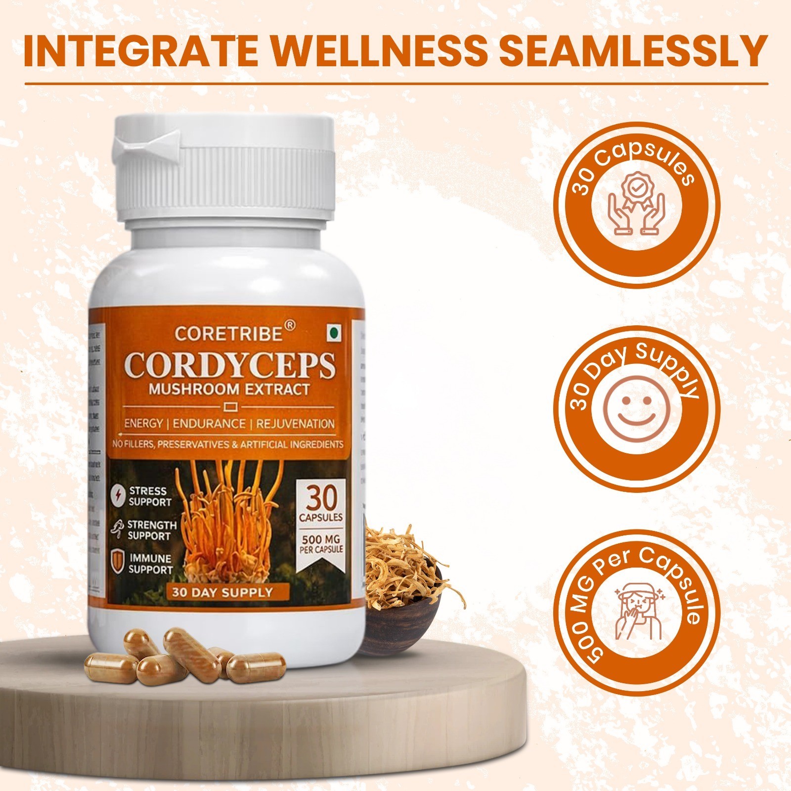 Coretribe® Cordyceps Militaris Mushroom 30 Capsules Strength,Focus, Superfood