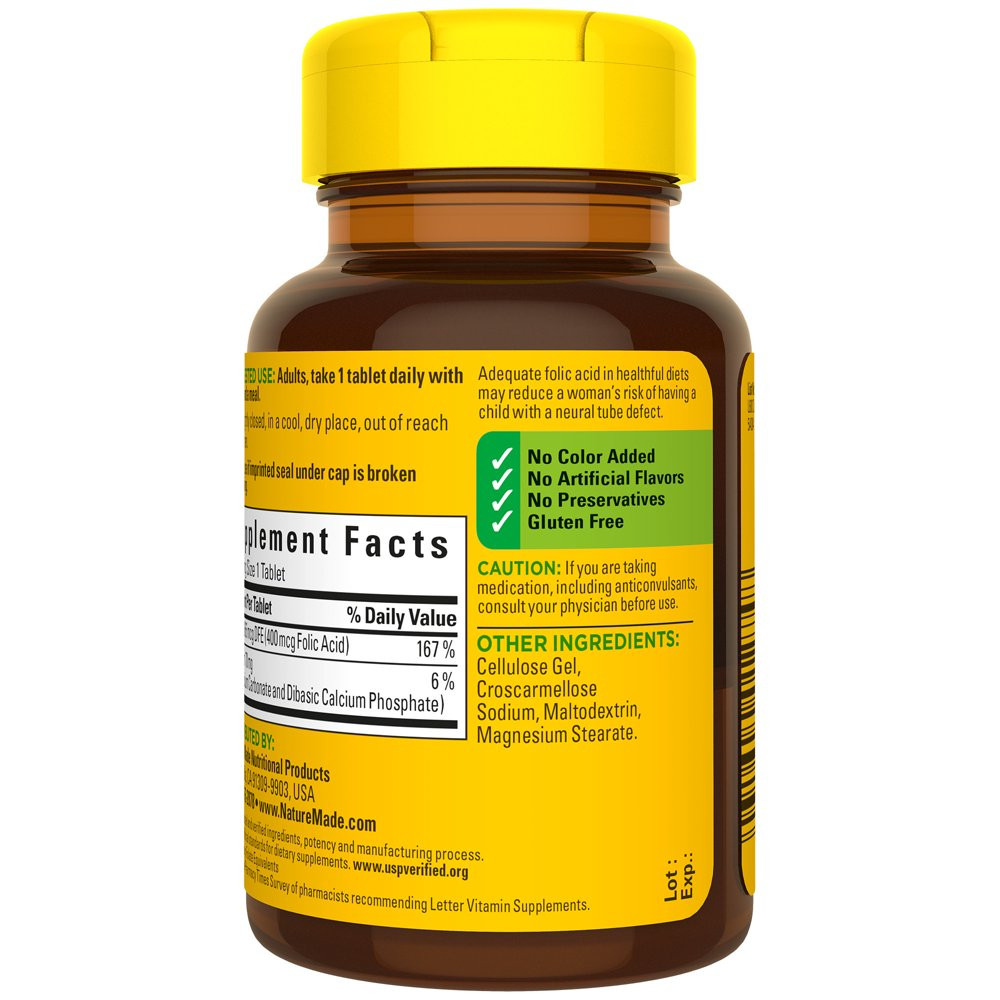 Nature Made Folic Acid 400 Mcg (665 Mcg DFE) Tablets, 250 Count