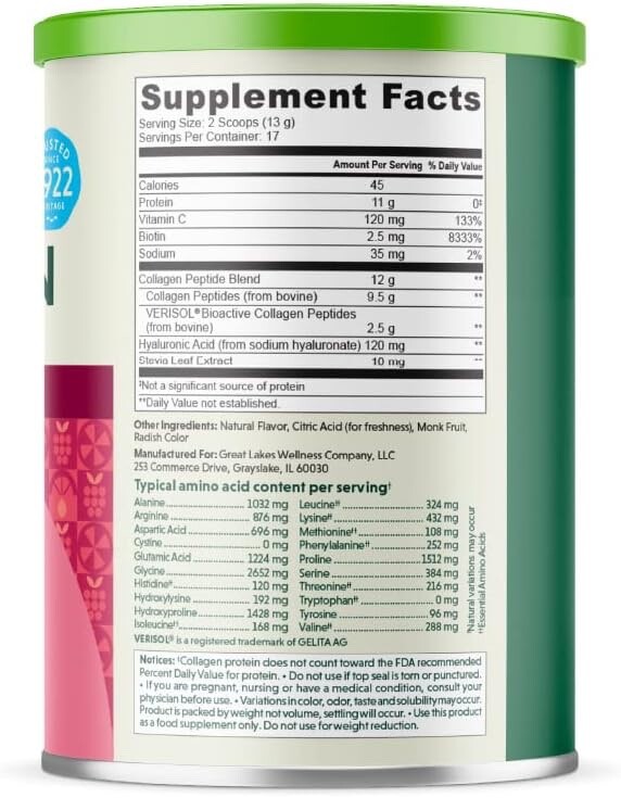 Great Lakes Wellness Daily Beauty Collagen Peptides – Raspberry Lemonade Flavor
