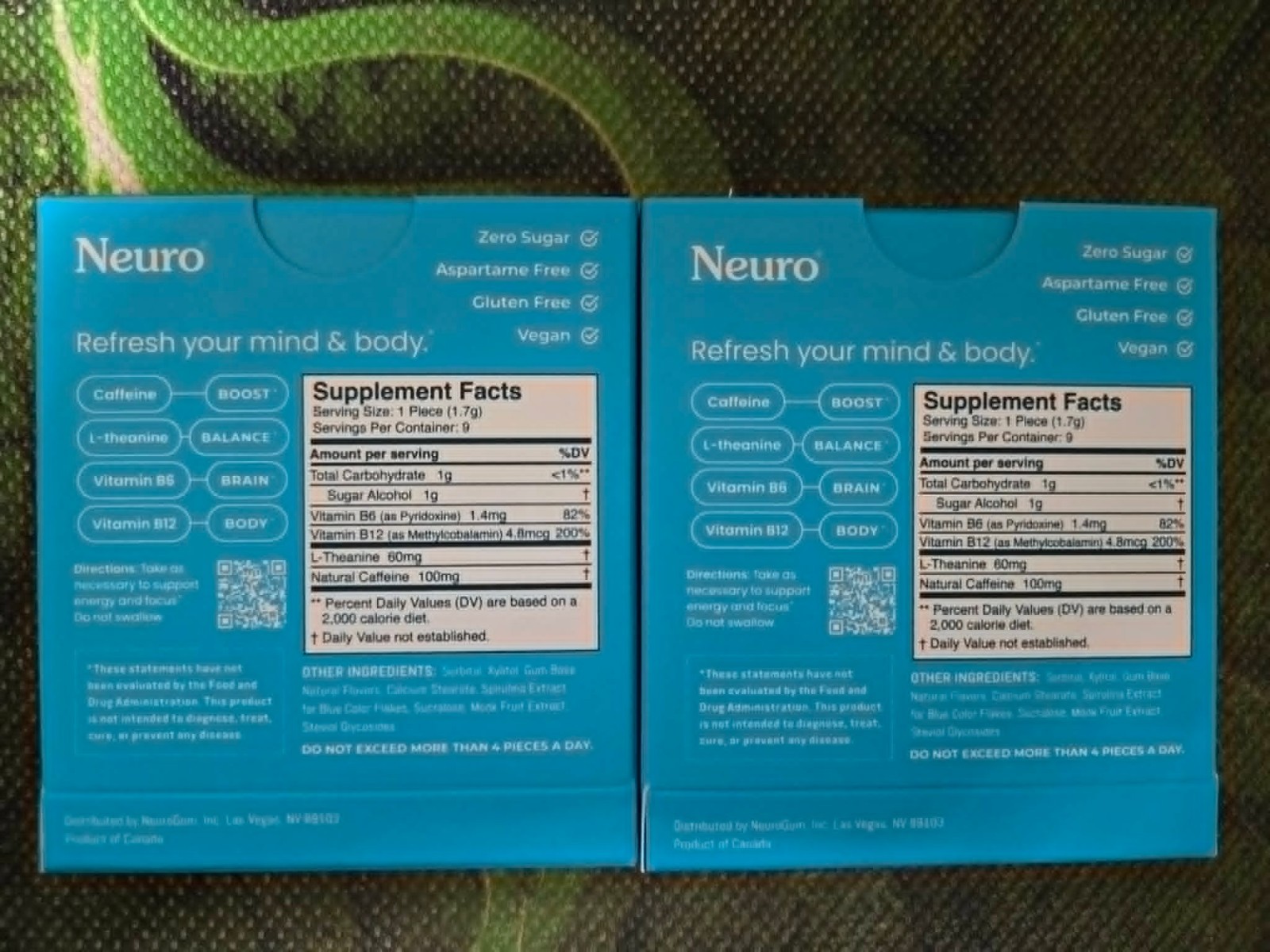 Neuro Gum EXTRA STRENGTH 100MG B-12 Nootropics Caffeine 2pk 18 pcs Boost Energy