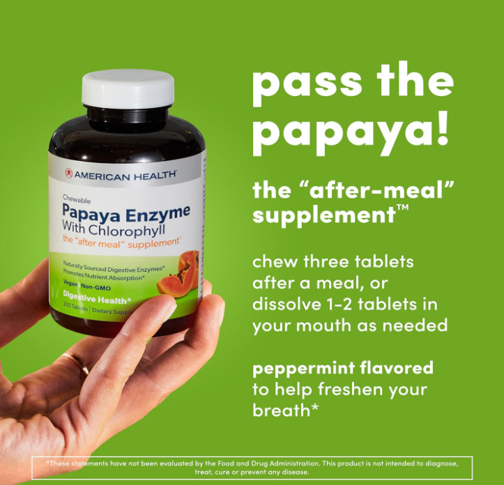 American Health Papaya Enzyme with Chlorophyll Chewable Tablets Digestive Diet