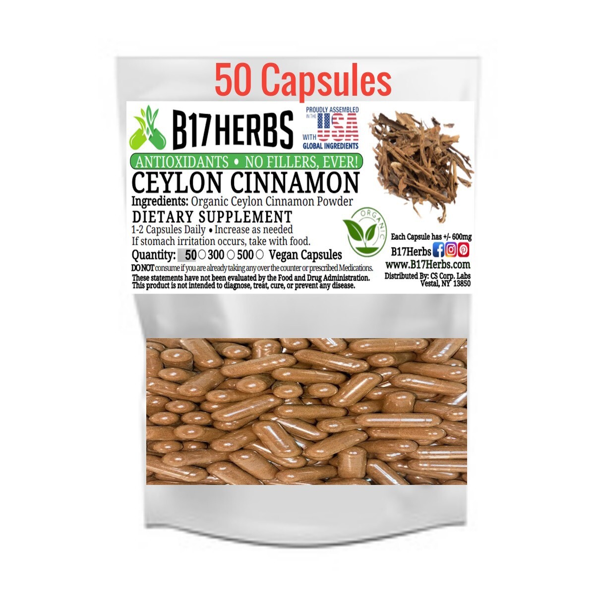 Ceylon Cinnamon Veggie Capsules – Organic – No Fillers – 600mg – 50 Caps