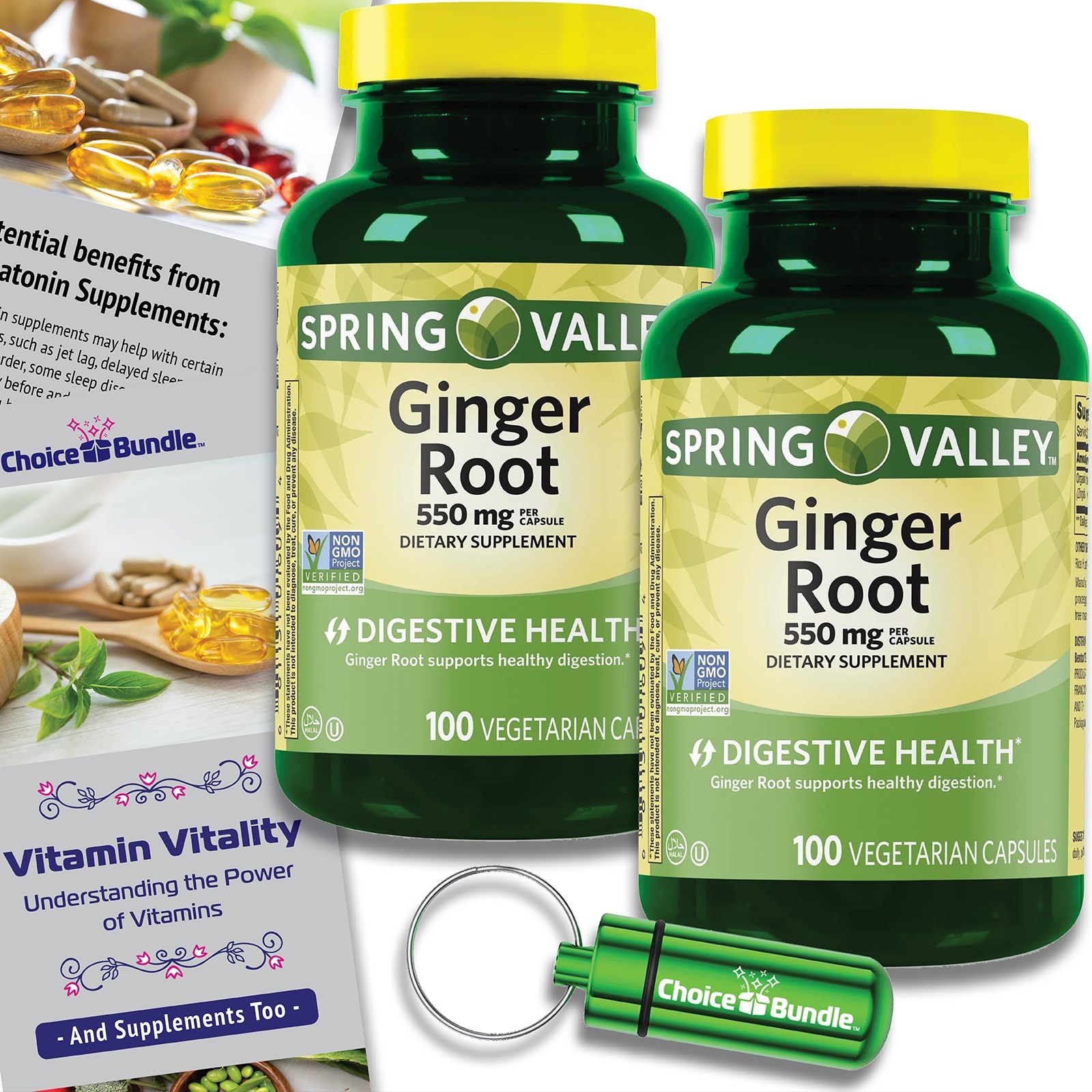 Spring Valley Ginger Root 550mg 200 Caps (2 Pk 100ct) + Vitality Vitamin & Case