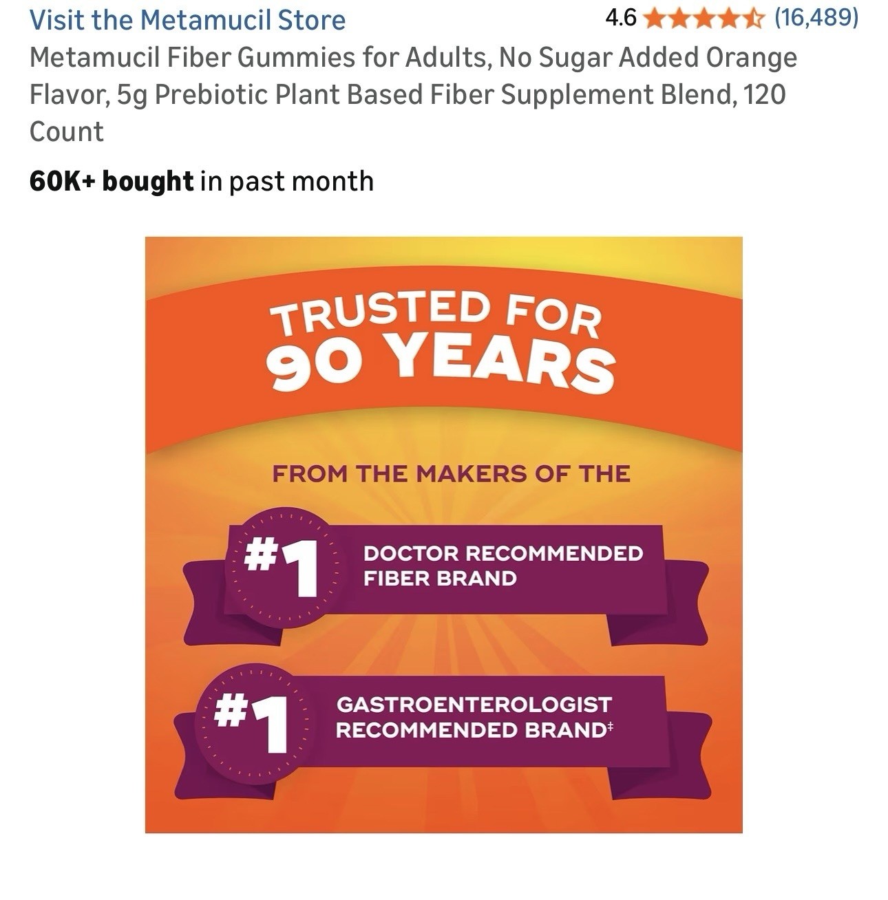 Metamucil Fiber Gummies No Sugar Added Plant-Based Orange Digestive 120 Ct