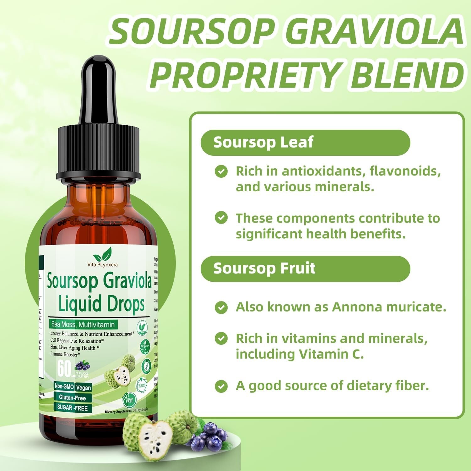 Soursop Graviola Liquid Drops, Soursop Extract Multivitamin Drops w. Sea Moss, G