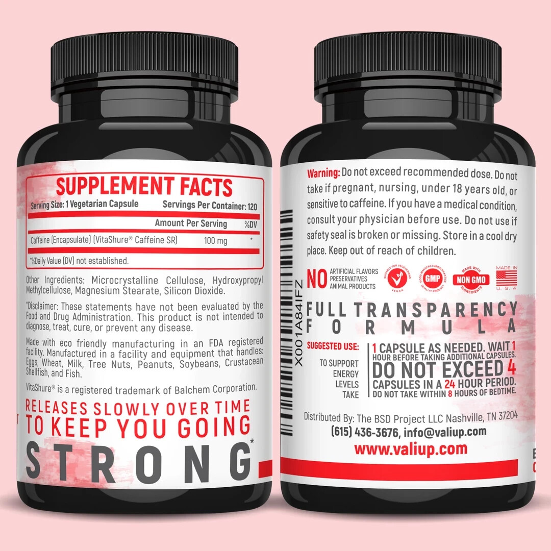 VALI Time Release Caffeine – Microencapsulated Caffeine, 120 Veg Capsules