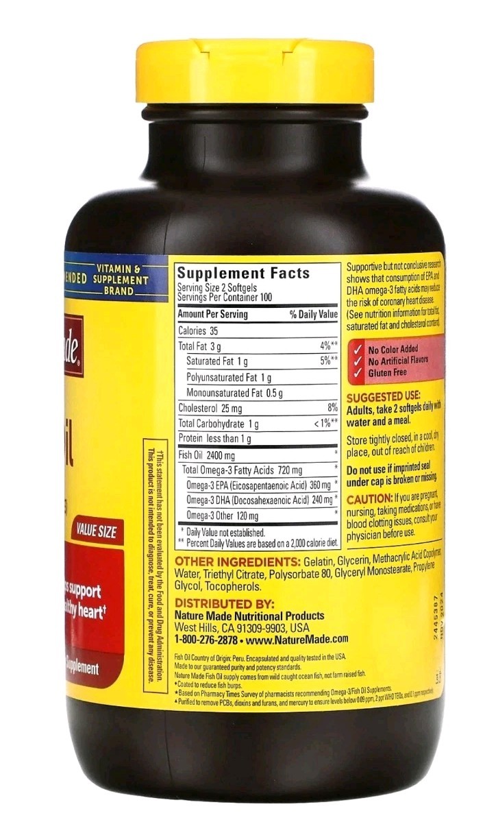 Fish Oil Nature Made Burp-Less 1200 mg 200 Liquid Softgels Gluten-Free 10/2028