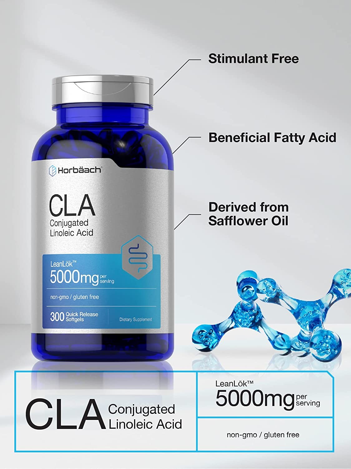 CLA 5000 mg | Maxiumum Potency | 300 Softgel Pills | by Horbaach
