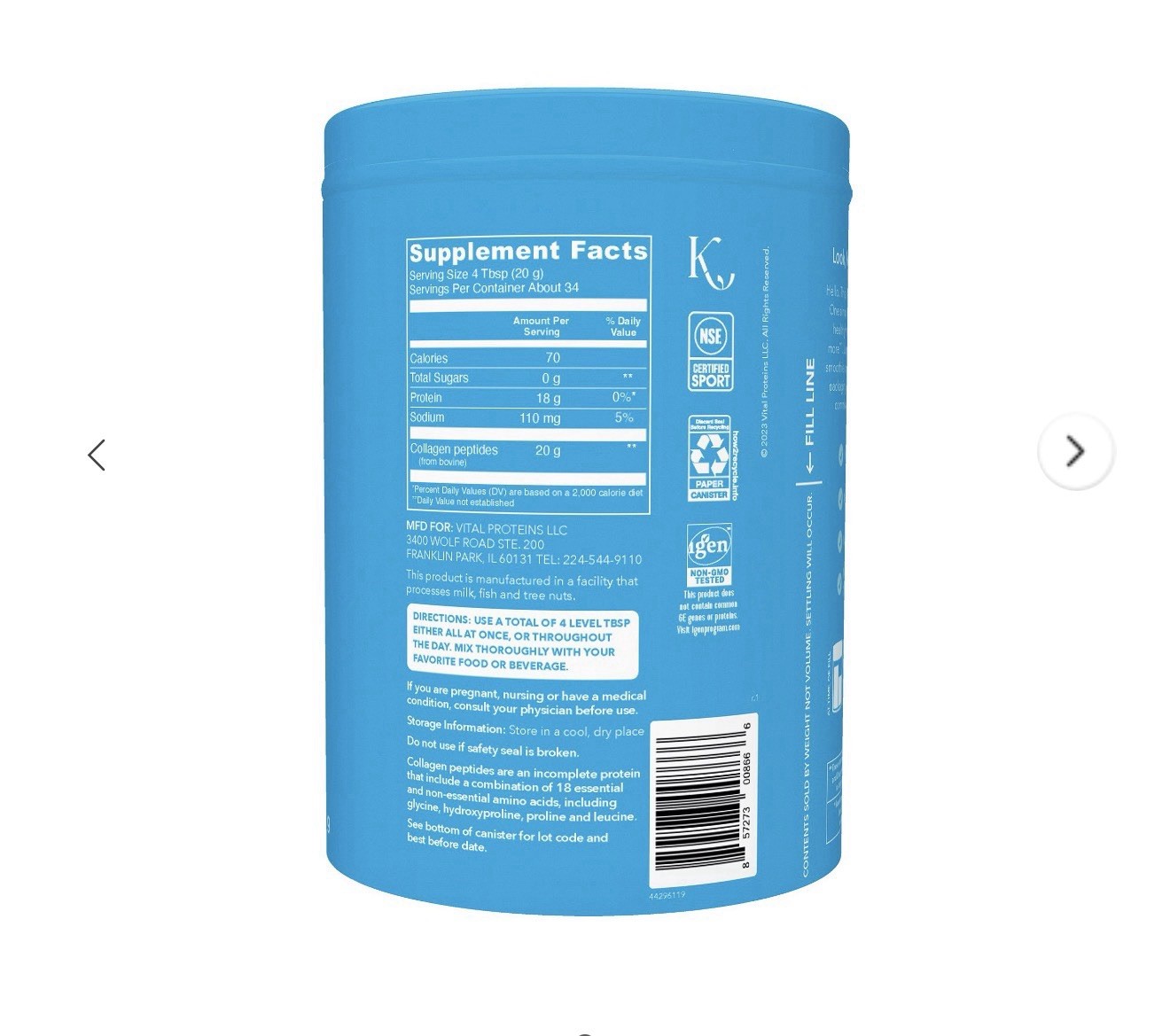 Vital Proteins Collagen Peptides Powder Unflavored 24 oz Grass Fed Pasture Rais…