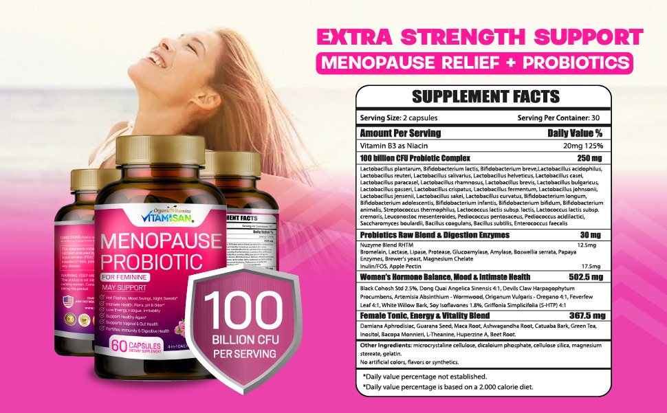Menopause Support Supplement Highest Potency Probiotic hot Flash women