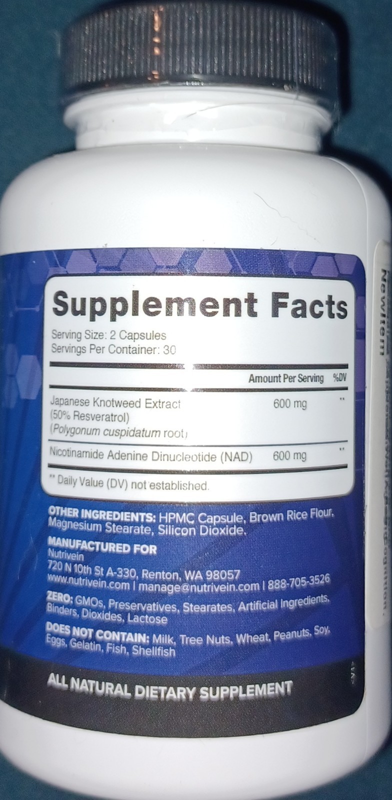 Nutrivein Premium NAD + Resveratrol Supplement 600 mg 30 Servings (60 Capsules)