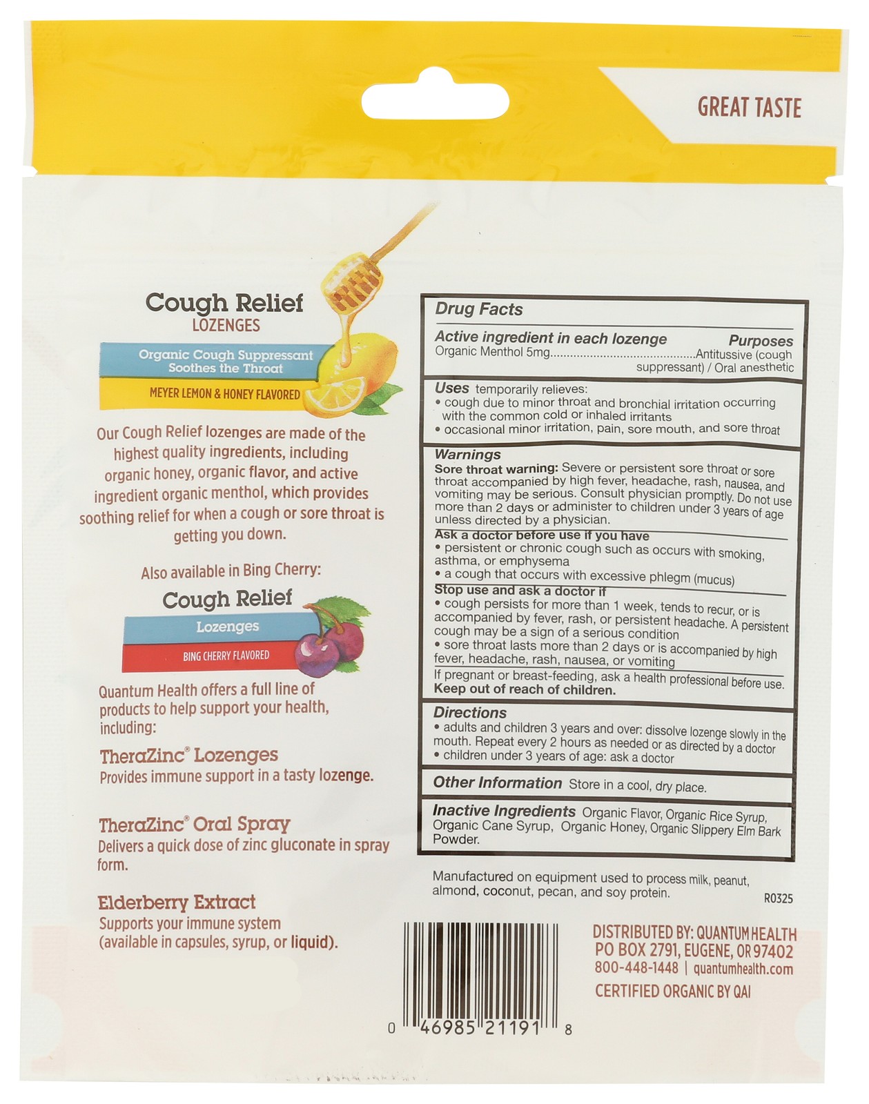 Quantum Health Cough Relief Lozenges Meyer Lemon Honey 18 Count Ct 3 Pack