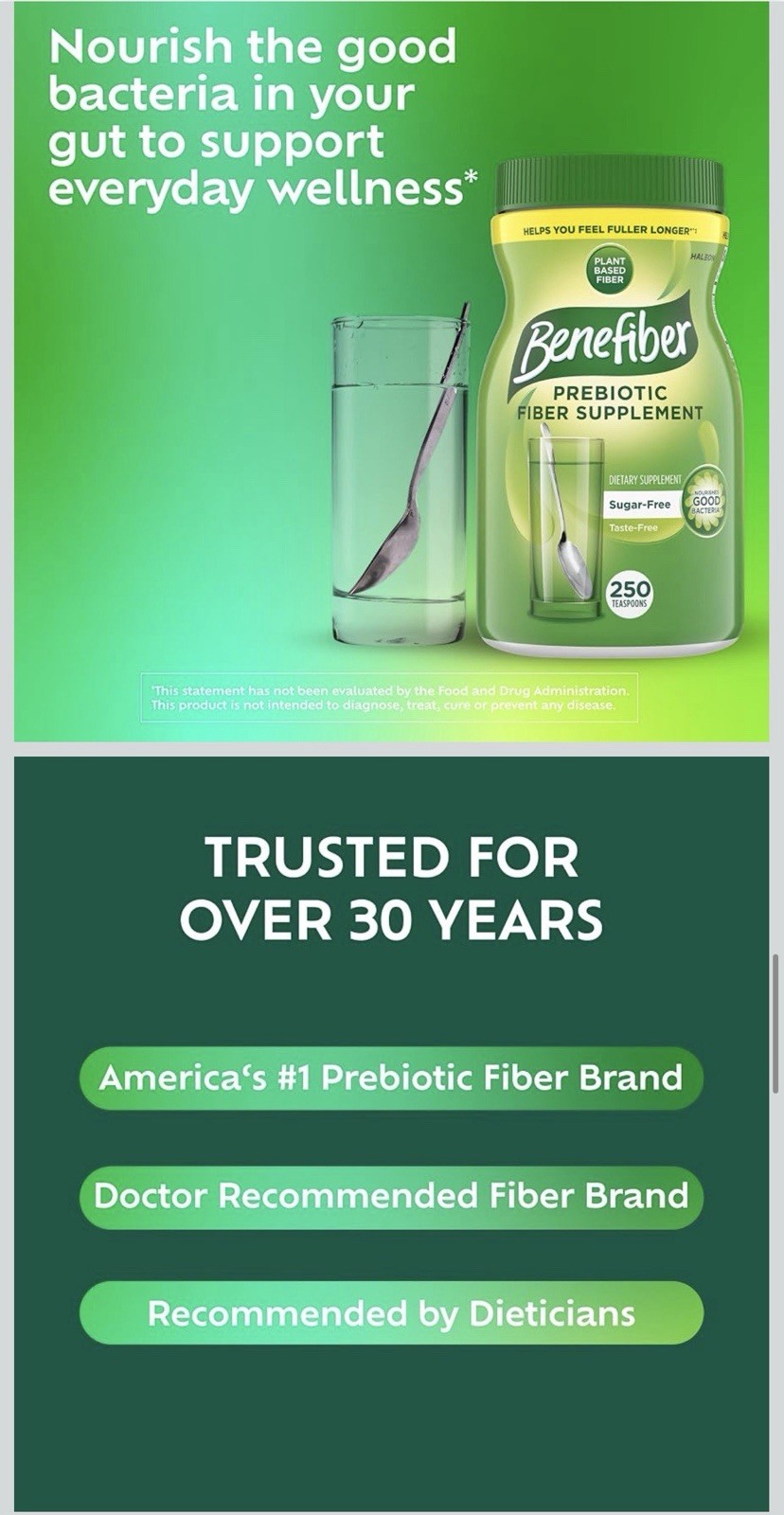 Benefiber Prebiotic Fiber Powder Plant Based Sugar-Free Taste-Free 17.6oz